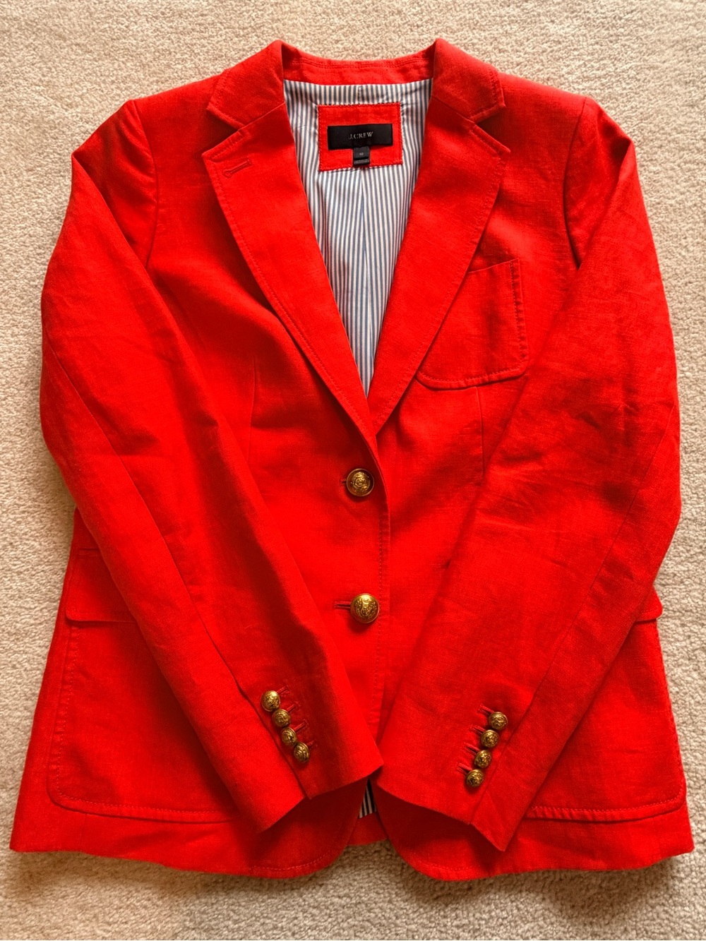 J.Crew Rhodes Blazer 100% Linen Fiery Sunset Red Orange Gold Crest Buttons 10